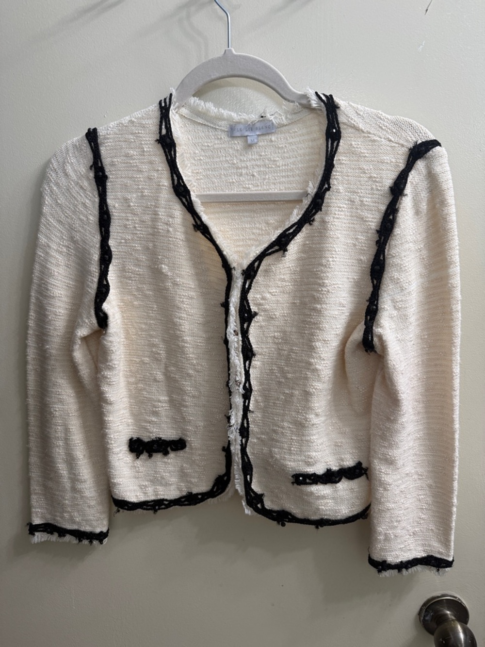 Cream Textured Open-Front Cardigan with Black Trim